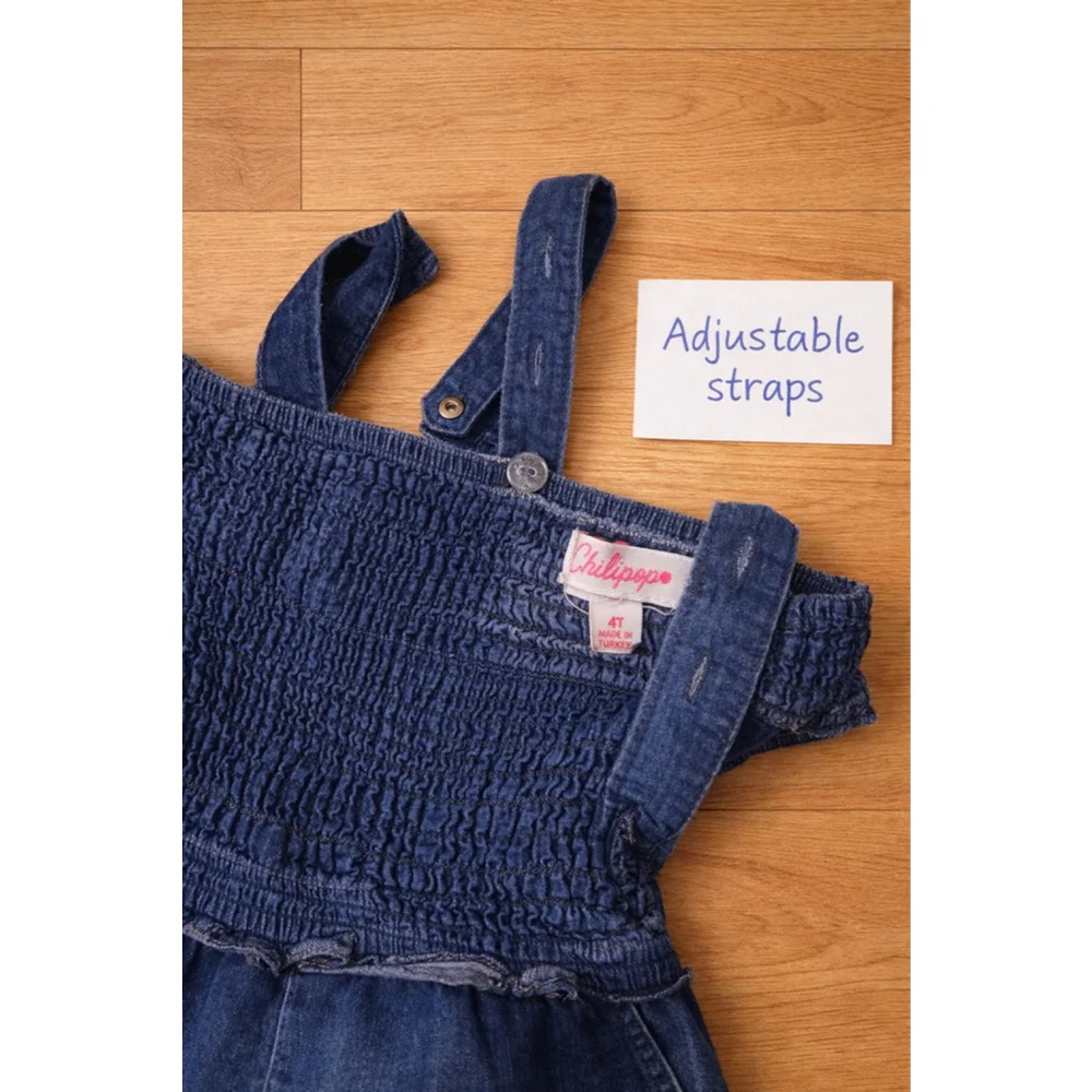 Chillipop Girls 4T Denim Jumpsuit 💙 Smocked Top Wide Leg Cute Outfit